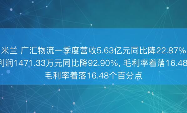 米兰 广汇物流一季度营收5.63亿元同比降22.87%, 归母净利润1471.33万元同比降92.90%, 毛利率着落16.48个百分点
